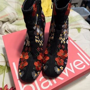 Primark Black Ankle Boots with Red Floral Embroidery